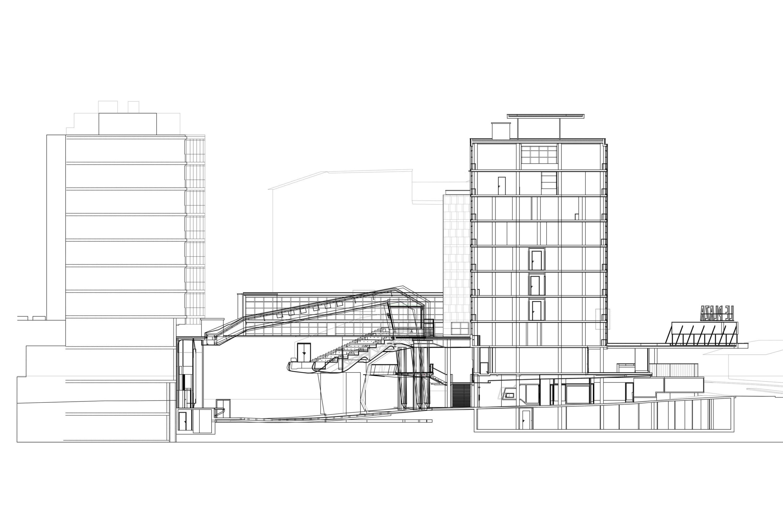 Plan architecture coupe Plaza et Mont-Blanc Centre . Marc J. Saugey