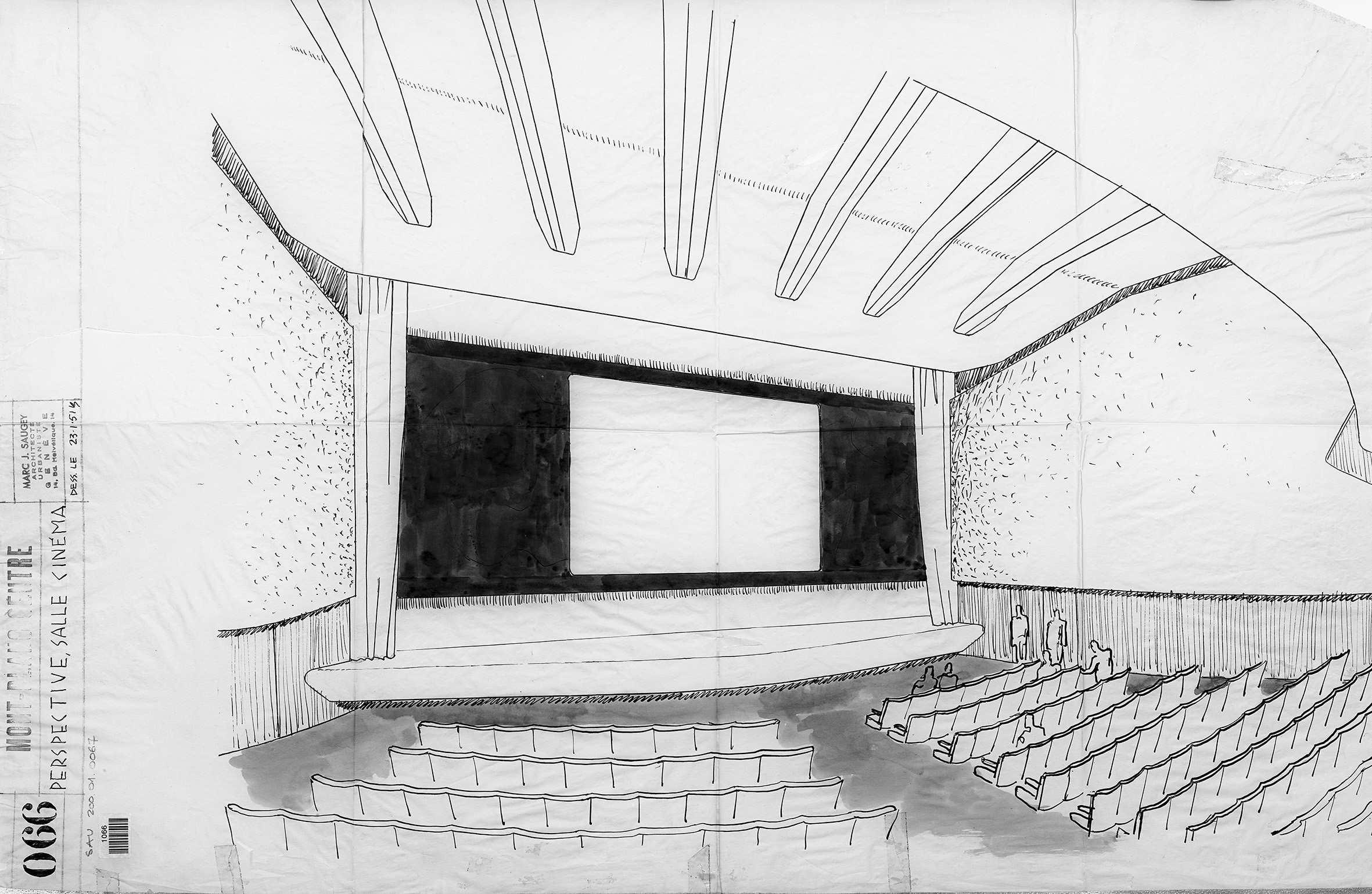 Dessin de la salle de cinéma et de l'écran, par Marc J. Saugey